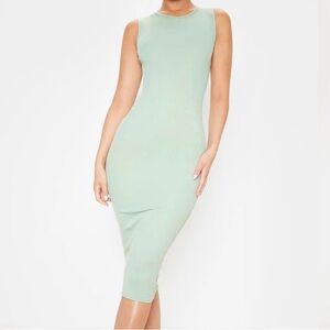 NEW PrettyLittleThing Sage Green Ribbed Midi Dress